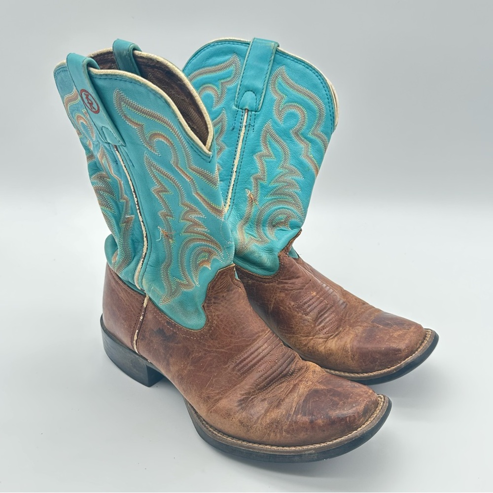 Tony Lama Brown Leather Cowboy Boots with Turquoise Shaft